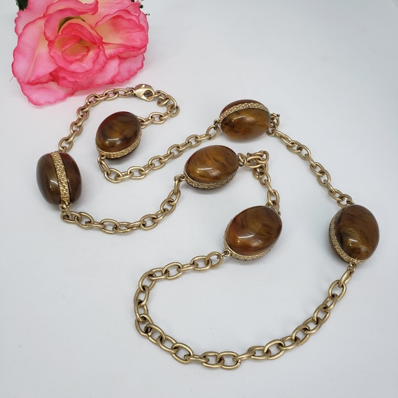 Baskin Brothers Brown Lucite Bead Statement Necklace 34" Long Gold Tone Chain - Picture 6 of 9